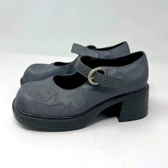LEI Y2K vintage girls Chunky Mary Janes EMILIM gray floral embroidered US 1 BoxK - Picture 5 of 8